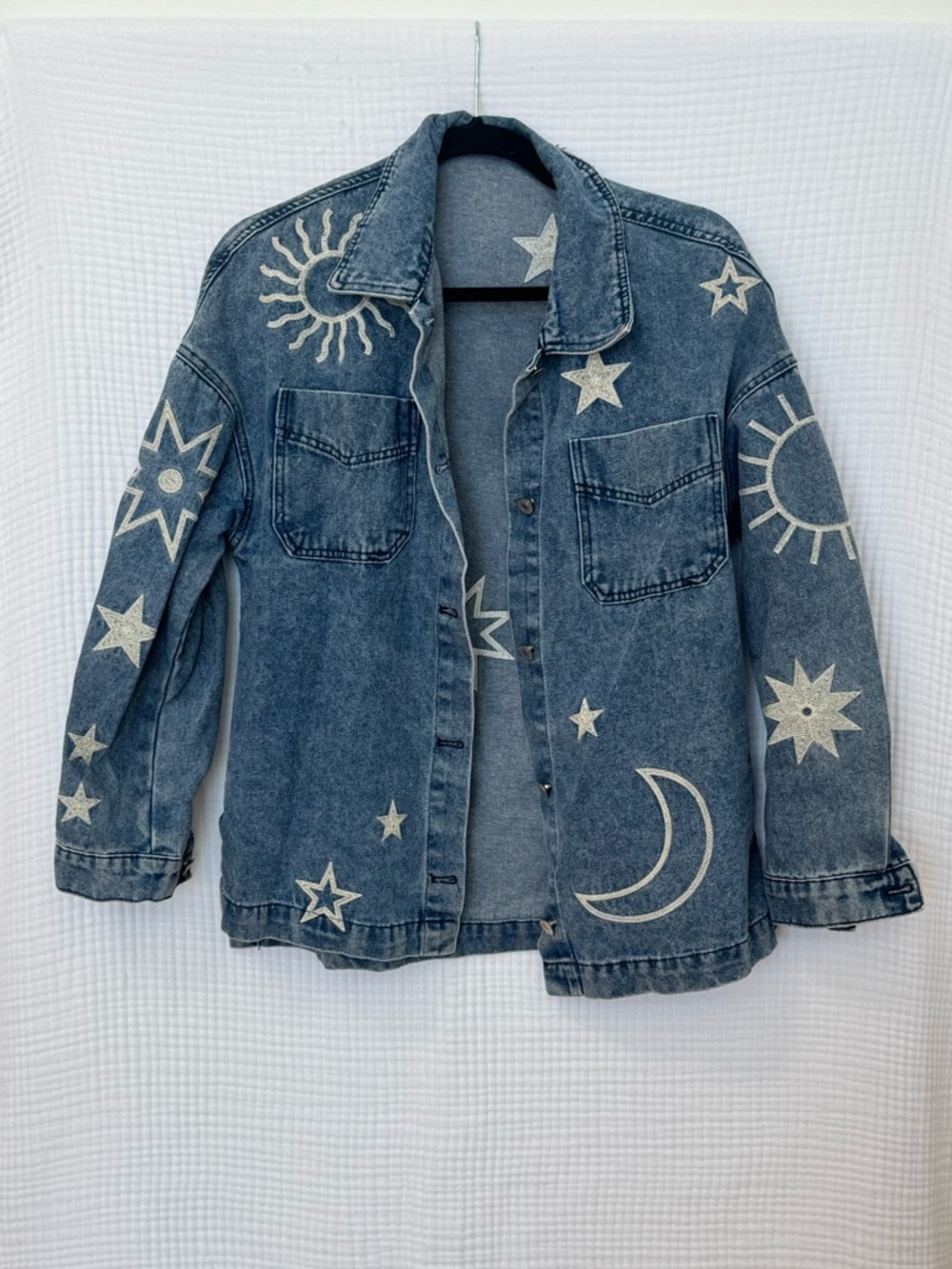 Celestial Denim Jacket with Star & Moon Appliqué - Blue